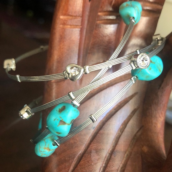 Silver, turquoise, crystal bendy metal bangles - Picture 3 of 3
